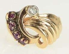 14K Rose Gold 1930's Syn. Ruby Diamond Swirl Ring