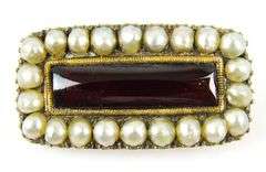 C. 1850 Antique 9K Gold Garnet & Pearls Brooch