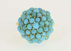 18K Yellow Gold 1950's Domed Turquoise Pave Cocktail Ring