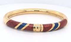 Incredible 18kt Yellow Gold Red and Blue Enamel Bangle Bracelet