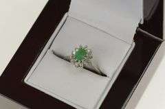 14K White Gold Oval Emerald Diamond Halo Engagement Ring