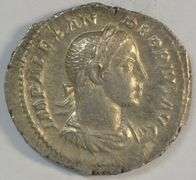 Near Mint Roman Silver Denarius of Severus Alexander, 222-235 AD