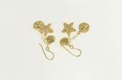 14K Yellow Gold Sand Dollar Sea Star Fish Shell Dangle Earrings
