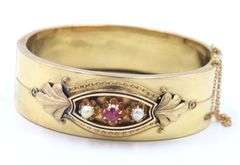Antique Pearl, Ruby and Enamel Bangle in Yellow Gold