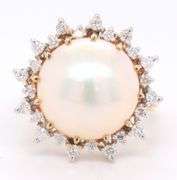 Powerful Mabe Pearl and Diamond Halo Ring in Yellow Gold