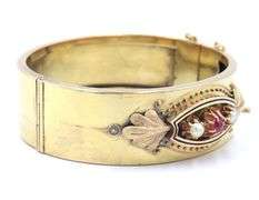 Antique Pearl, Ruby and Enamel Bangle in Yellow Gold