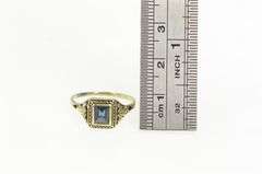14K Yellow Gold Art Deco Blue Topaz Filigree Squared Ring