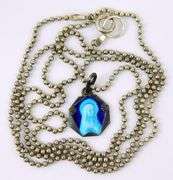 French Blue Enamel Madonna Pendant & Sterling Chain