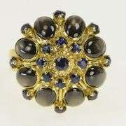 14K Yellow Gold 1960's Sapphire Black Cat's Eye Cocktail Ring