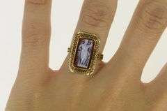 14K Yellow Gold Ornate Carved Shell Cameo Lady Filigree Ring
