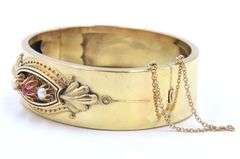 Antique Pearl, Ruby and Enamel Bangle in Yellow Gold