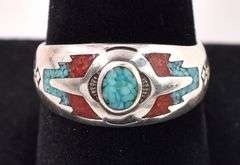Sterling Silver Native American Turquoise and Coral Gemstone Ring