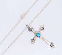 925 Sterling silver turquoise cross pendant on rope chain necklace