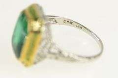 14K White Gold Art Deco Sim. Emerald Filigree Enamel Ring