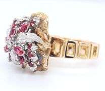 18kt Yellow Gold Retro Red and White Cubic Zirconia Ring with Matching Earrings