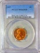 Superb Gem BU 1957P Lincoln Cent PCGS MS 66 Red!