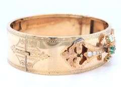 Antique 18kt Yellow Gold Emerald and Pearl Engraved Bangle Bracelet