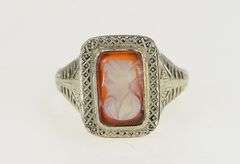 18K White Gold Art Deco Filigree Squared Agate Cameo Ring