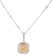 New 0.92ctw Fancy Yellow Diamond and 0.46ctw White Diamond Frame Pendant Necklace in 14K