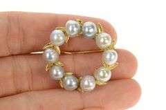 14K Yellow Gold Light Blue Pearl Wreath Statement Pin/Brooch