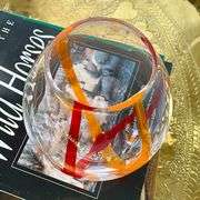 Hand Blown Clear Art Glass  Vase With Orange and Red Optic Swirls