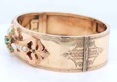 Antique 18kt Yellow Gold Emerald and Pearl Engraved Bangle Bracelet
