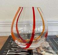 Hand Blown Clear Art Glass  Vase With Orange and Red Optic Swirls