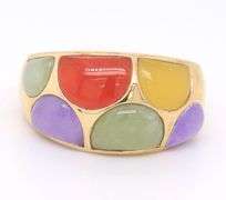 Beautiful Yellow Gold Multi Color Jade Dome Ring