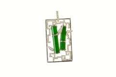 18K White Gold Jade Diamond Ornate Squared Vine Motif Pendant