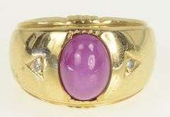 14K Yellow Gold Oval Syn. Star Ruby Diamond Vintage Ring