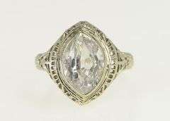 14K White Gold Marquise CZ Ornate Filigree Statement Ring