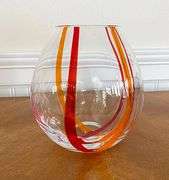 Hand Blown Clear Art Glass  Vase With Orange and Red Optic Swirls