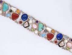 Vintage 925 Sterling Silver Signed Lapis, Turquoise, Coral and Pearl Wide Bracelet