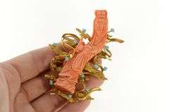 14K Yellow Gold Ornate Carved Chinese Coral Turquoise Lady Pin/Brooch