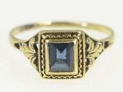 14K Yellow Gold Art Deco Blue Topaz Filigree Squared Ring