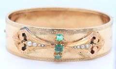 Antique 18kt Yellow Gold Emerald and Pearl Engraved Bangle Bracelet