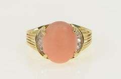 14K Yellow Gold Oval Coral Cabochon Vintage Diamond Ring