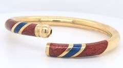 Incredible 18kt Yellow Gold Red and Blue Enamel Bangle Bracelet