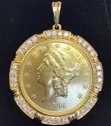 1904 GOLD COIN FRAMED IN 14K YELLOW GOLD AND ROUND BRILLIANT DIAMONDS