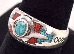 Sterling Silver Native American Turquoise and Coral Gemstone Ring