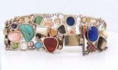 Vintage 925 Sterling Silver Signed Lapis, Turquoise, Coral and Pearl Wide Bracelet