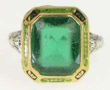 14K White Gold Art Deco Sim. Emerald Filigree Enamel Ring