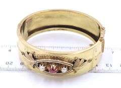 Antique Pearl, Ruby and Enamel Bangle in Yellow Gold