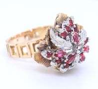 18kt Yellow Gold Retro Red and White Cubic Zirconia Ring with Matching Earrings
