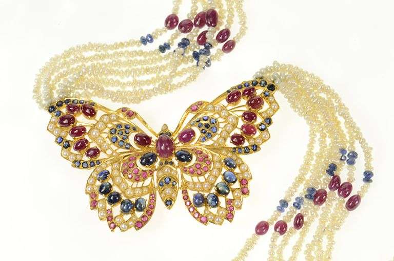 22K Yellow Gold Ruby Sapphire Pearl Butterfly Layered Strand Necklace