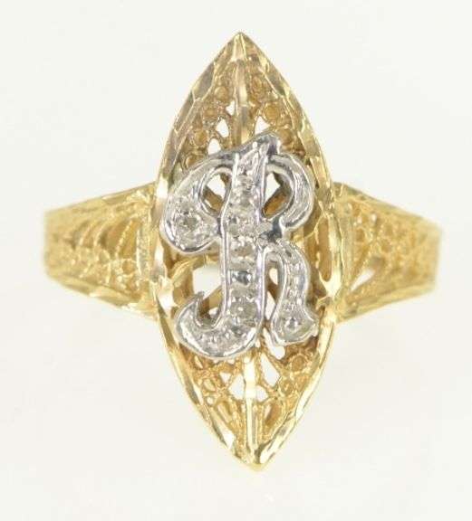 14K Yellow Gold R Diamond Monogram Letter Initial Name Ring
