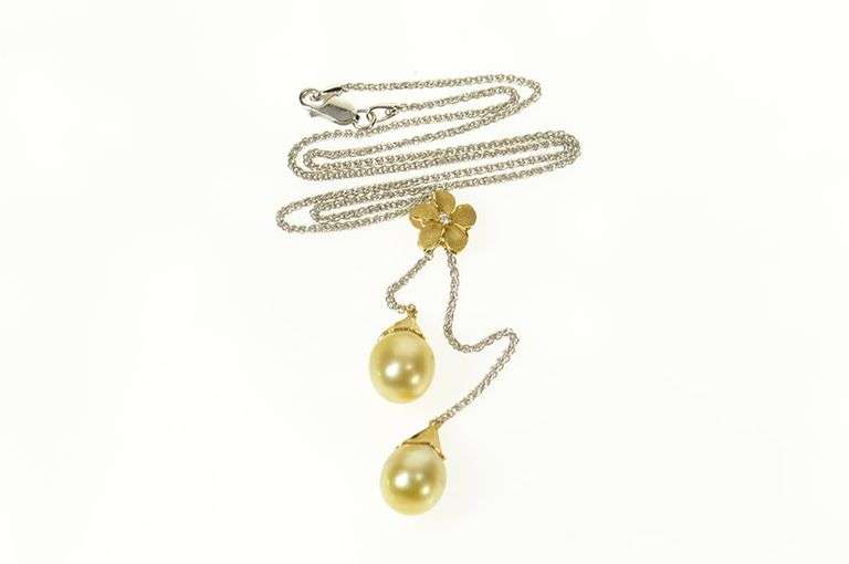 18K White Gold Denny Wong Pearl Diamond Flower Dangle Necklace