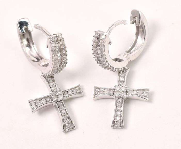 Immaculate Approx. 1.00CTW Diamond Cross Dangle Earrings in 14K White Gold