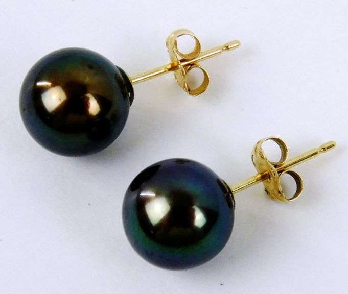 14K 8MM Black Pearl Stud Earrings