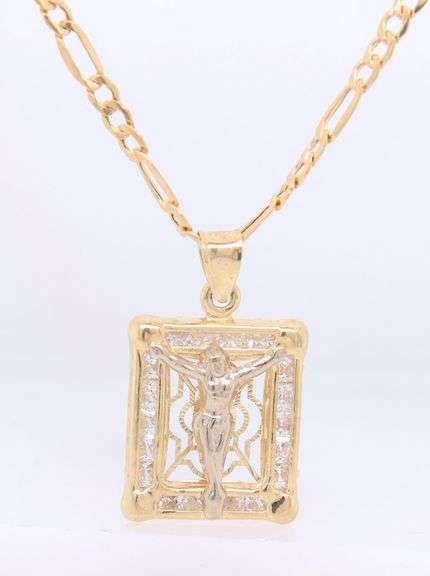 14kt Yellow gold square Jesus crucifix pendant on figaro chain necklace